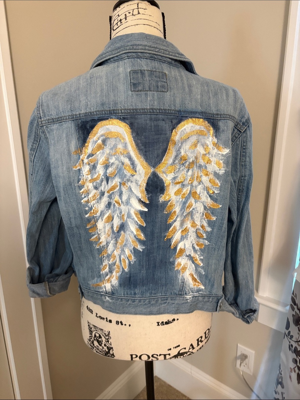 LOFT Light Blue Denim Jacket with White & Gold Angel Wing Motif